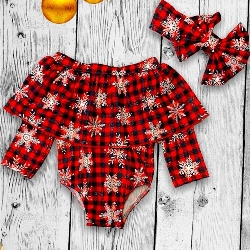 Snowflake & Plaid Onesie with Matching Headband 0-3 Months